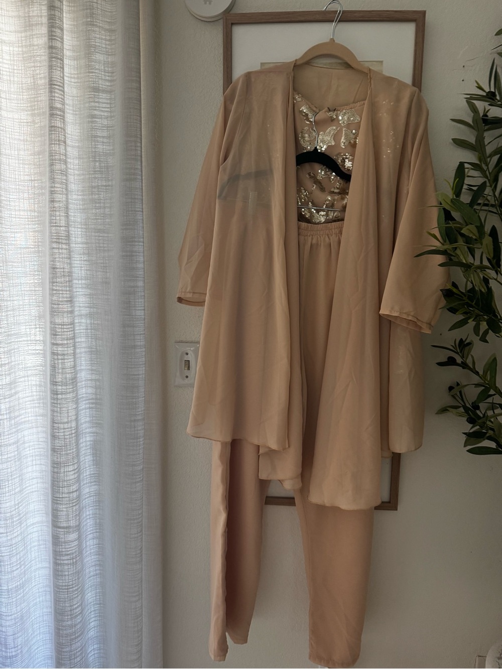 Beige Sheer 3-Piece Women’s Set with Embellished top - Size Small